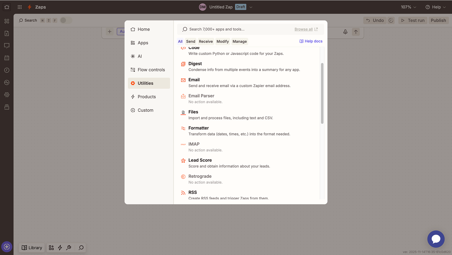 Zapier Zap editor with the utilities menu open